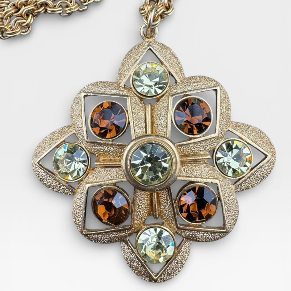 SARAH COVENTRY Vintage “Starburst" Peridot & Topaz Crystal Pendant Necklace - Picture 10 of 13